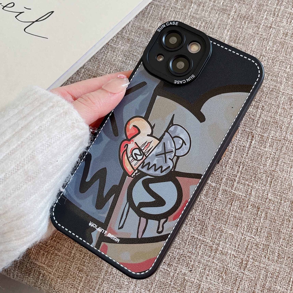 Ốp Điện Thoại Da Họa Tiết Gấu Thời Trang Cho iPhone 14ProMax 13Pro 12 11 XSMax