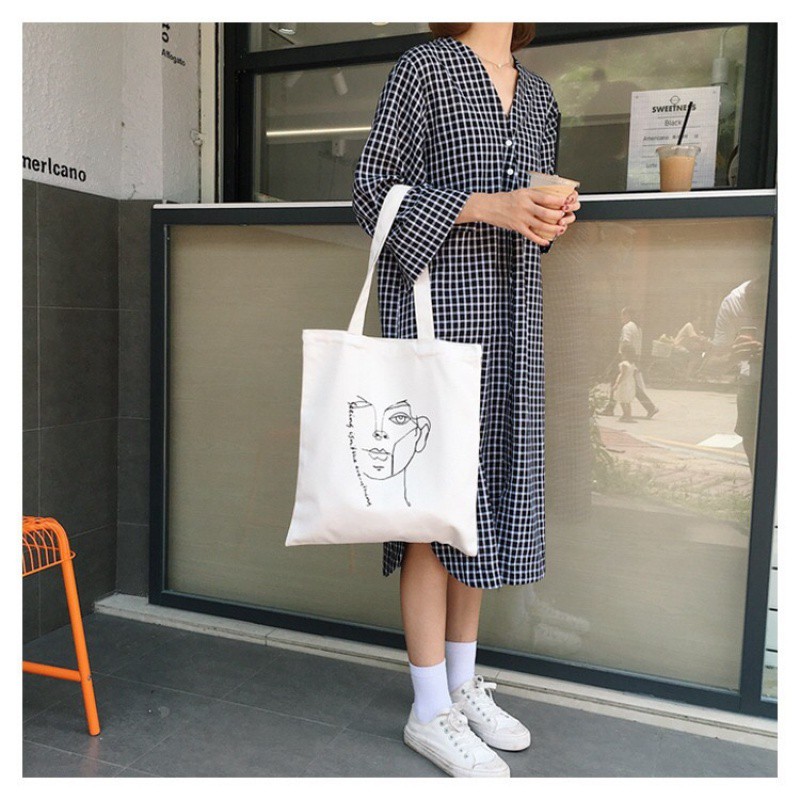[Hàng Chất Lượng]Túi tote vải canvas mềm đi học đi làm cho nữ đeo vai hình mặt người Hot Trend có khóa miêng tiện dụng