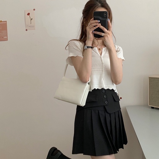 Áo dệt kim ZHELIHANGFEI tay ngắn cổ V xẻ sâu gợi cảm thời trang