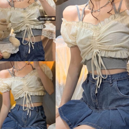Áo croptop nữ set chân váy áo bẹt vai croptop rút dây áo trễ vai Tay Bồng Croptop tay phồng dệt kim set và áo 2 dây trơn thời trang cho áo bánh bèo kiểu ulzzang áo crt nữ