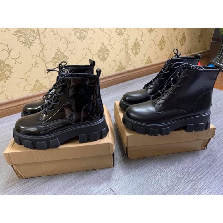 Giày Boots Ulzzang nữ SNU03 da bóng da trơn cổ lửng đế độn 5cm đế to bự bằng đơn giản đi chơi đẹp mẫu mới buộc dây