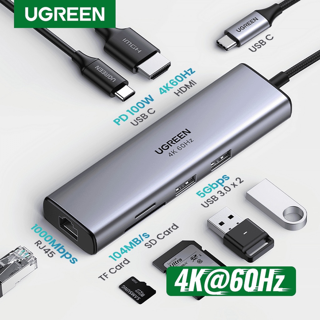 Hub USB Type C 7 in 1 Cao Câp Ugreen 60515 Chính Hãng CM512 (Type C to HDMI 4K@60Hz-Lan Gigabit-USB 3.0-Reader TF/SD-PD1