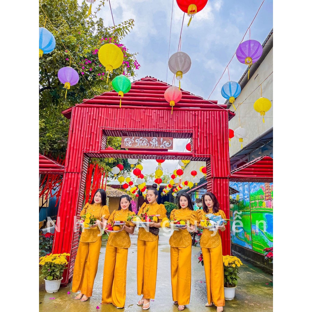 Bộ Đi Lễ Chùa Nữ Đồ Lam Đi Chùa Lụa Gấm Nổi Cao Cấp Tay Phồng