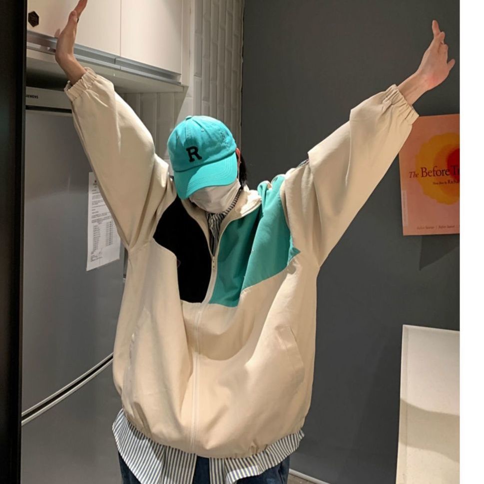 Áo khoác nam bomber hàn quốc Áo Khoác  ❃♧Áo Khoác Thể Thao Cổ Đứng Dáng Rộng Cỡ Lớn Phối Màu Tương Phản Thời Trang Xuân Thu Cho Nam