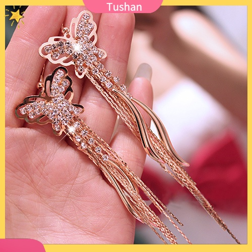 Đôi khuyên tai tua rua dài hình bươm bướm đính đá thời trang cho nữ