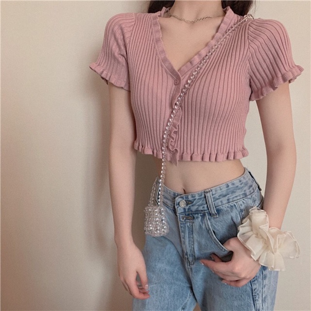 Áo Croptop Dệt Kim Tay Ngắn Cổ Chữ V Màu Trơn Phong Cách Hàn Quốc