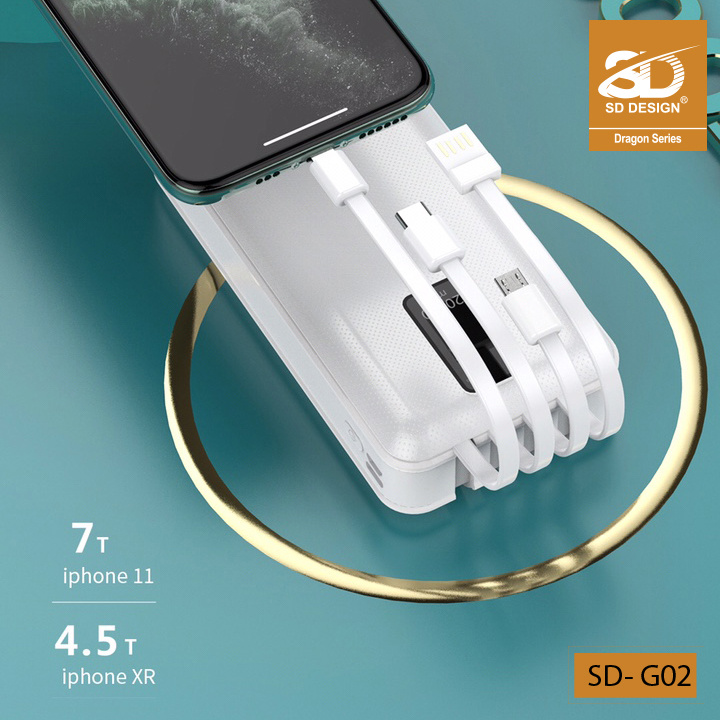 Sạc Dự Phòng G02 chính hãng SD DESIGN Pin 20.000 mAh có 4 Cáp Sạc Micro Lingtning TypeC chân sạc cho iphone samsung oppo