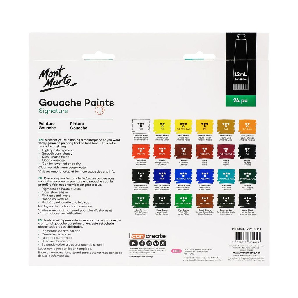 Bộ 24 Màu Gouache Mont Marte x 12ml - Gouache Paints Signature - PMHS0030