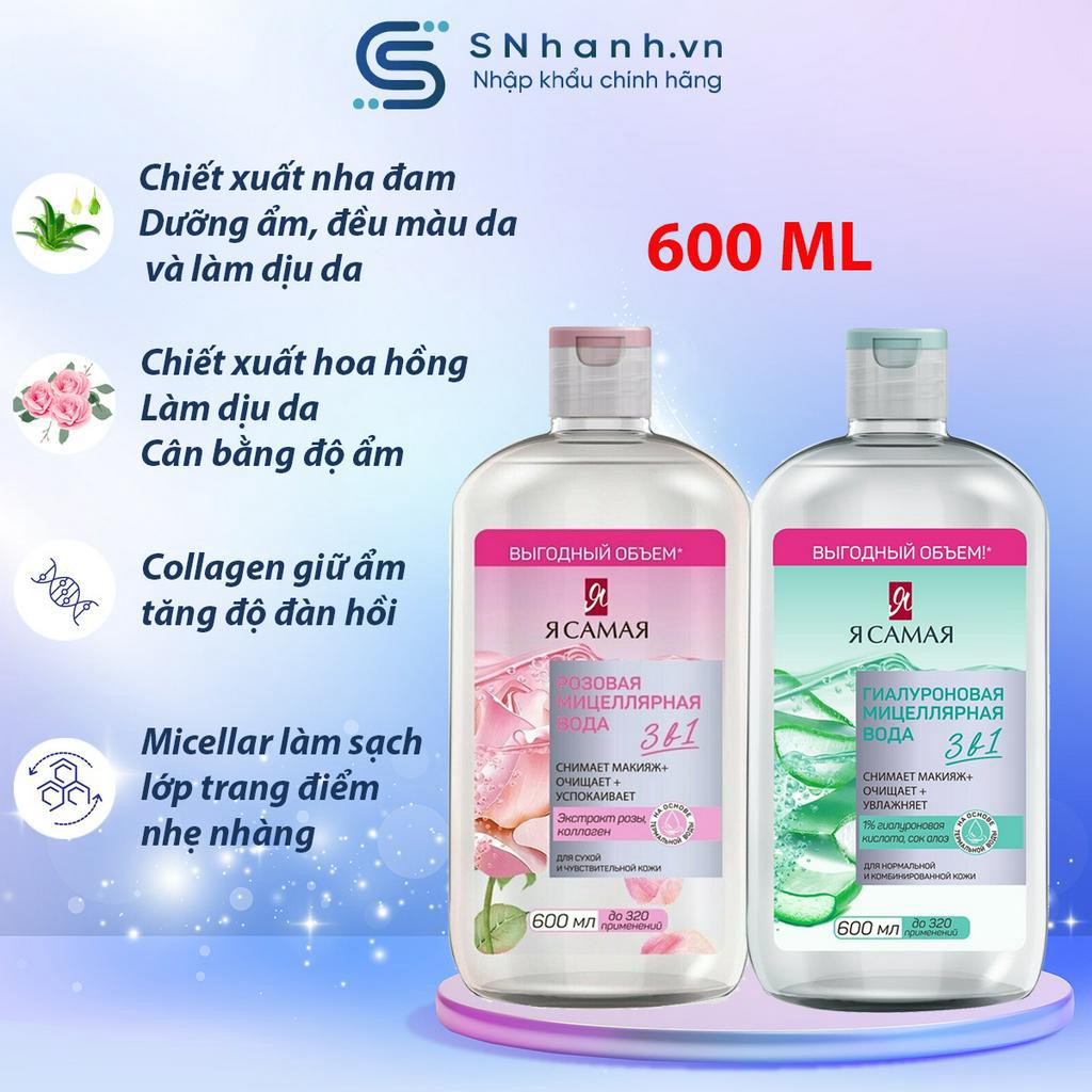 Tẩy trang Tôi là nhất Ya Samaya 3in1 chiết xuất Nha đam, Hoa hồng chai 600ml