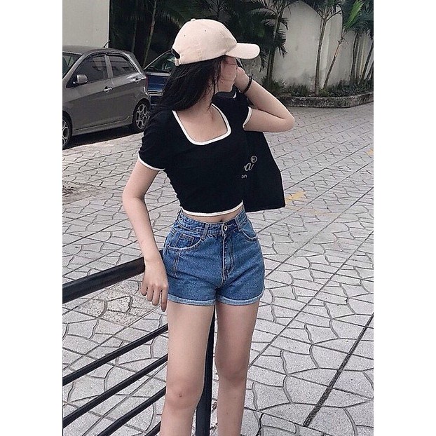 áo croptop nữ tay ngắn cổ vuông ôm body, Croptop nữ ôm ngắn tay cổ chữ U, Áo thun nữ ngắn tay dáng ôm cờ róp tốp