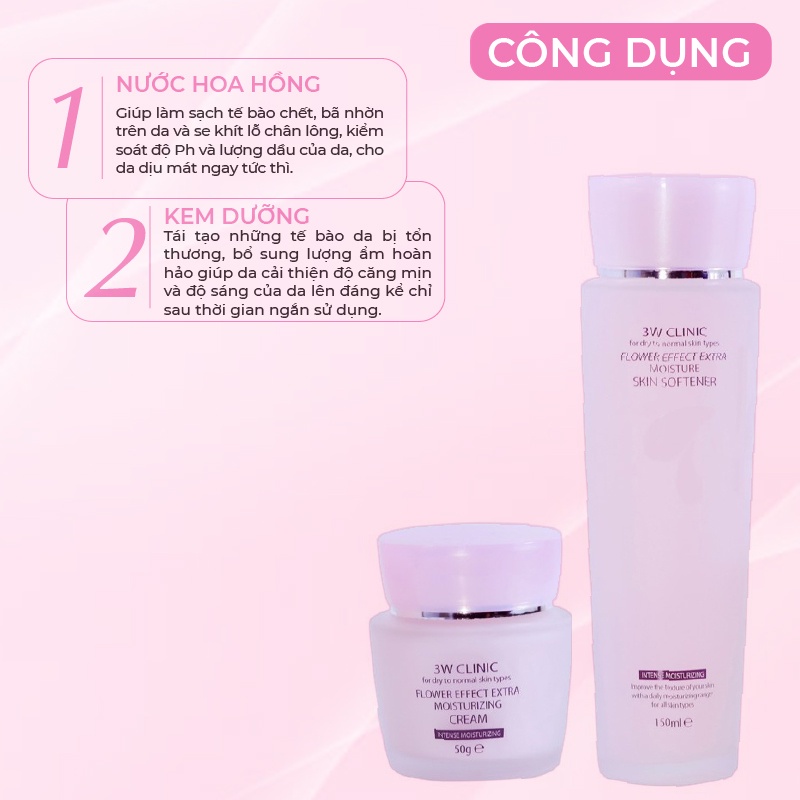 Bộ Skincare dưỡng ẩm dưỡng trắng da 3W Clinic Hàn Quốc chiết xuất từ Hoa Hồng ngăn ngừa lão hóa [ Nước hoa hồng + Kem ]
