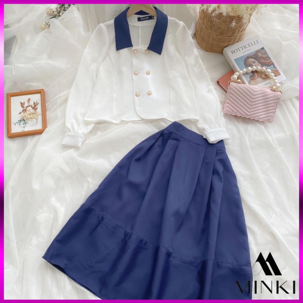 [HÀNG THIẾT KẾ] SET SƠ MI CÚC CHÂN VÁY XANH THAN CỔ ĐIỂN - CHẤT LIỆU CAO CẤP - PHỐI MÀU TRẮNG VÀ XANH ĐEN | BigBuy360 - bigbuy360.vn