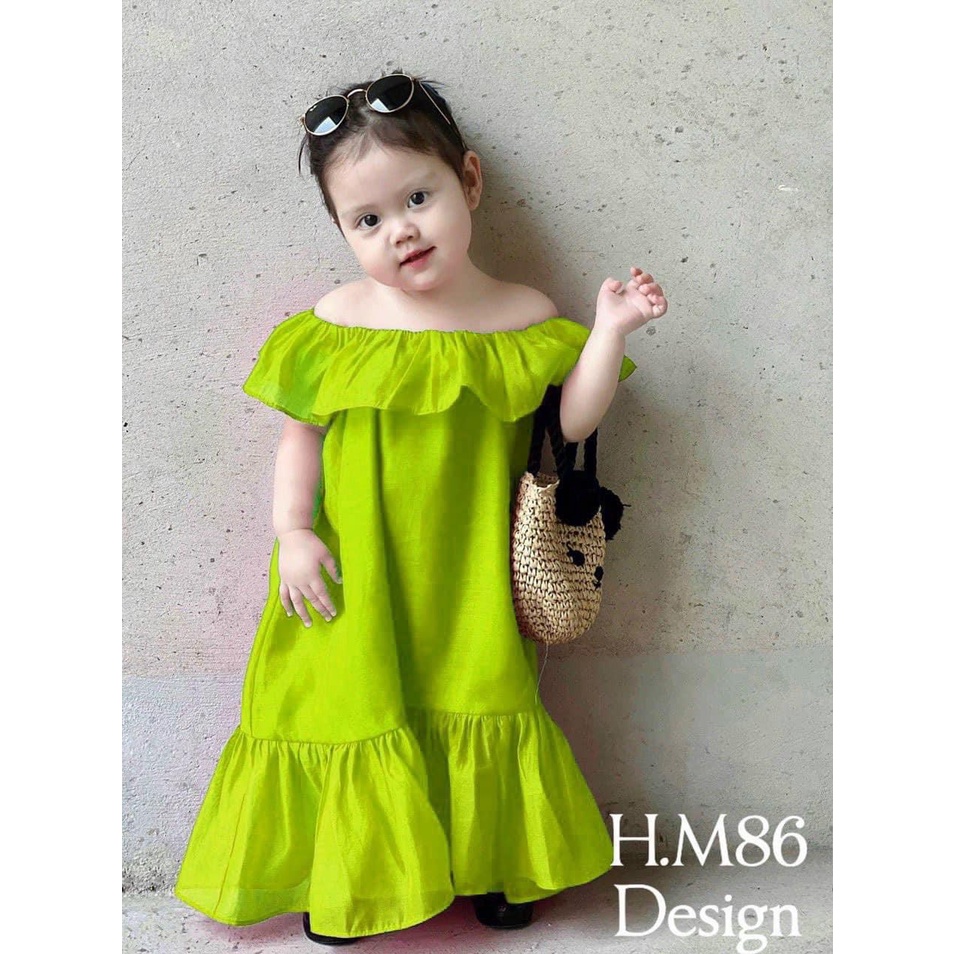 Váy maxi bé gái, đầm hè trễ vai cực xinh cho bé gái chất voan tơ loại 1 mềm min