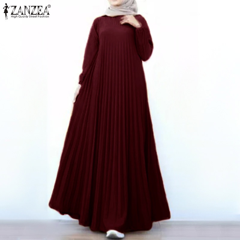 Áo đầm dài maxi ZANZEA cổ tròn xếp ly dáng rộng cơ bản phong cách Hồi giáo dành cho nữ