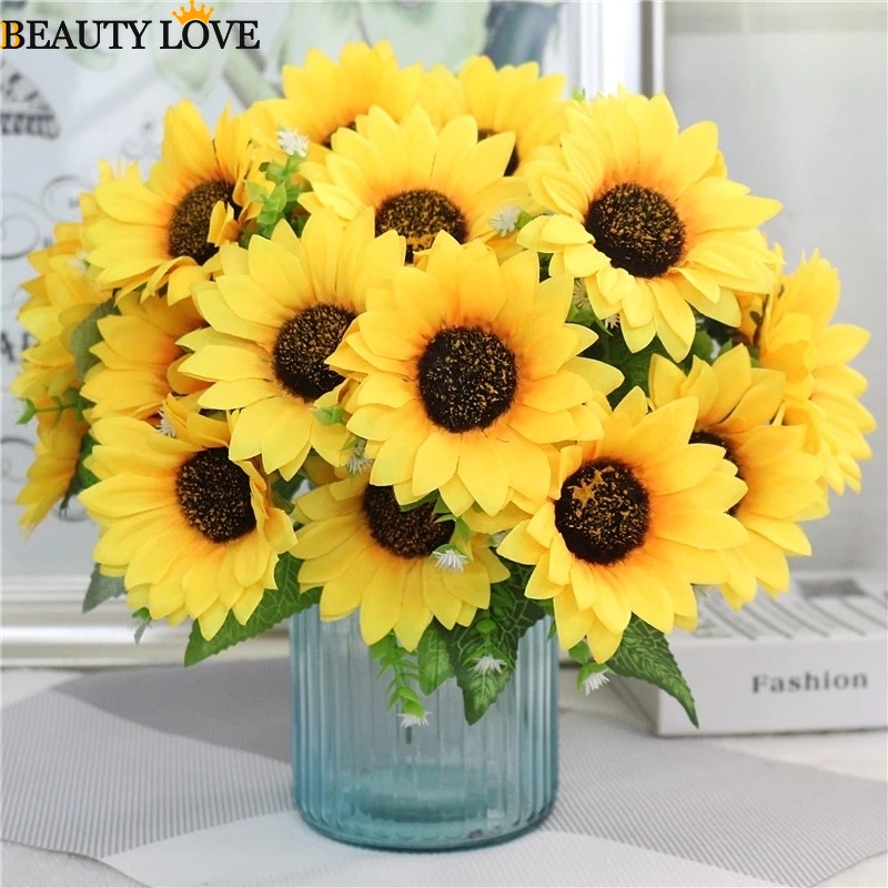 Bó Hoa Hướng Dương Giả 7 Bông Bằng Lụa Trang Trí Bàn Tiệc Cưới