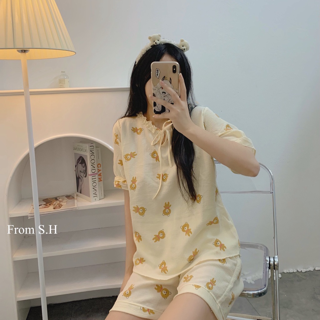 [ ẢNH THẬT ] Pijama xốp đũi Hàn cổ nơ dáng cộc hoạ tiết xinh xắn. Bộ ngủ nữ hoạt hình dễ thương