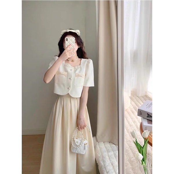 SET Áo croptop nơ nút ngọc kèm Chân Váy midi xếp ly màu nude NÀNG CLOSET