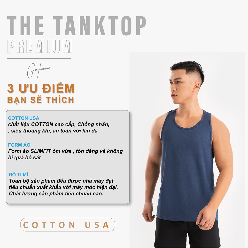 Áo Tanktop Nam GRAYHOMME Vải Cotton Tập Gym (9 Màu) Dáng Thể Thao, Siêu Mát, Thấm Hút Mồ Hôi, Co giãn Tốt - TTKG002