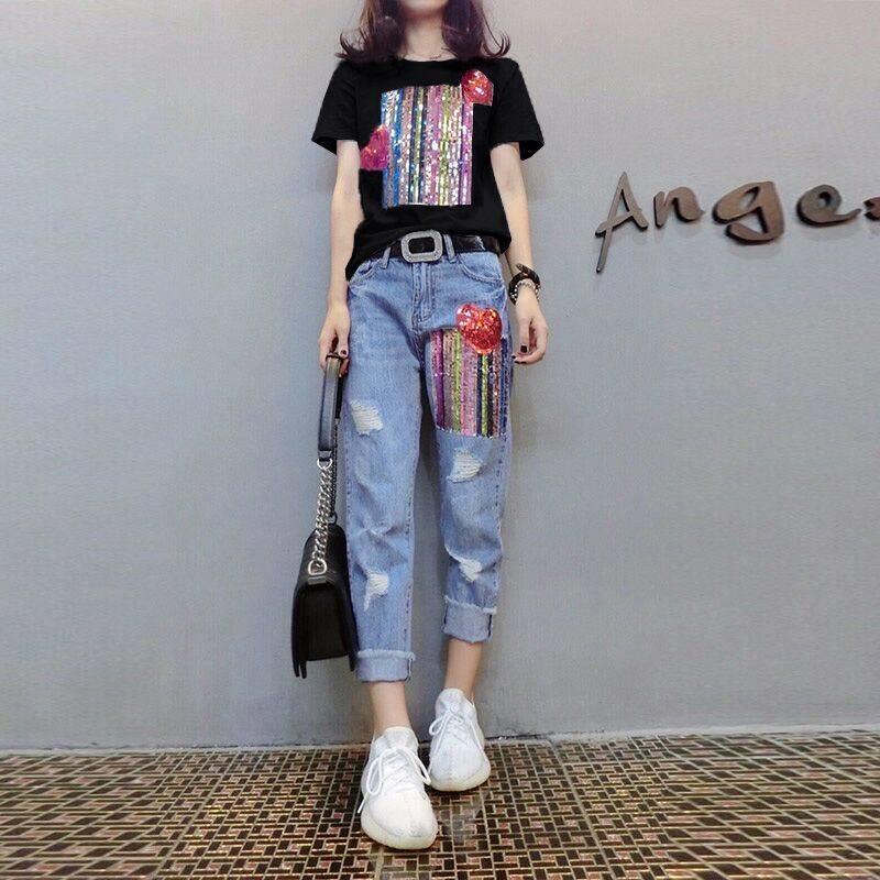 Set quần jean và áo thun tay ngắn đính sequin thời trang cá tính cnj (Có bán lẻ)