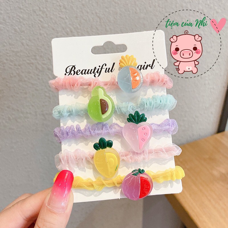 Set 5 scrunchies dây buộc tóc vải voan nữ dây cột tóc bé gái gắn trái cây, động vật, máy ảnh Hàn Quốc Tiệm Của Nhi CT001