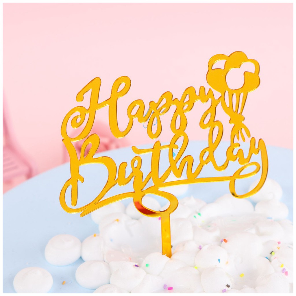 Phụ Kiện Trang Trí Bánh Sinh Nhật Bánh Kem - Combo 10 chiếc mica tráng gương hpbd chùm bóng vàng