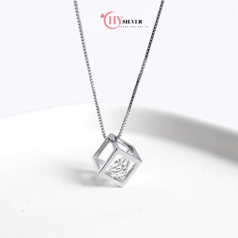 Dây chuyền bạc hộp đá lập phương cạnh 8mm dây chuyền nữ bạc thật