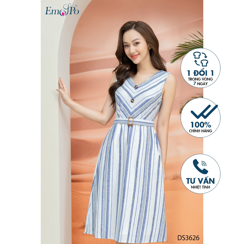 Đầm sát nách Emspo cổ V, phối cúc, họa tiết kẻ DS3626