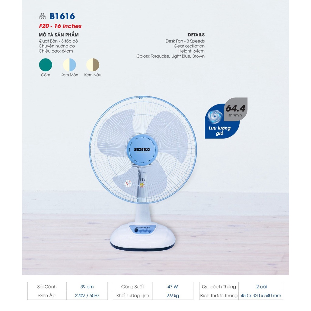 Quạt Bàn Senko B1616 Bảo Hành 12 tháng Hàng chính hãng 100%