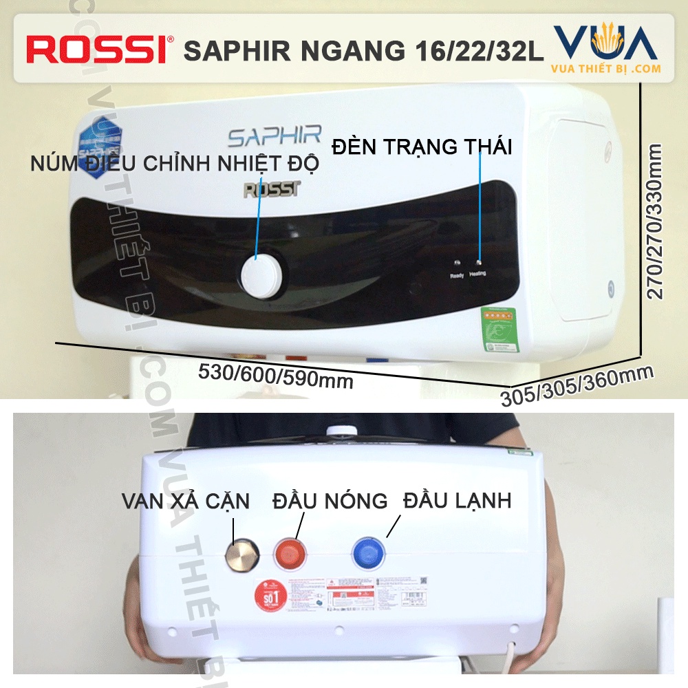 Rossi Saphir Ngang 32 Lít - Bình Nóng Lạnh gián tiếp RSR-32SL