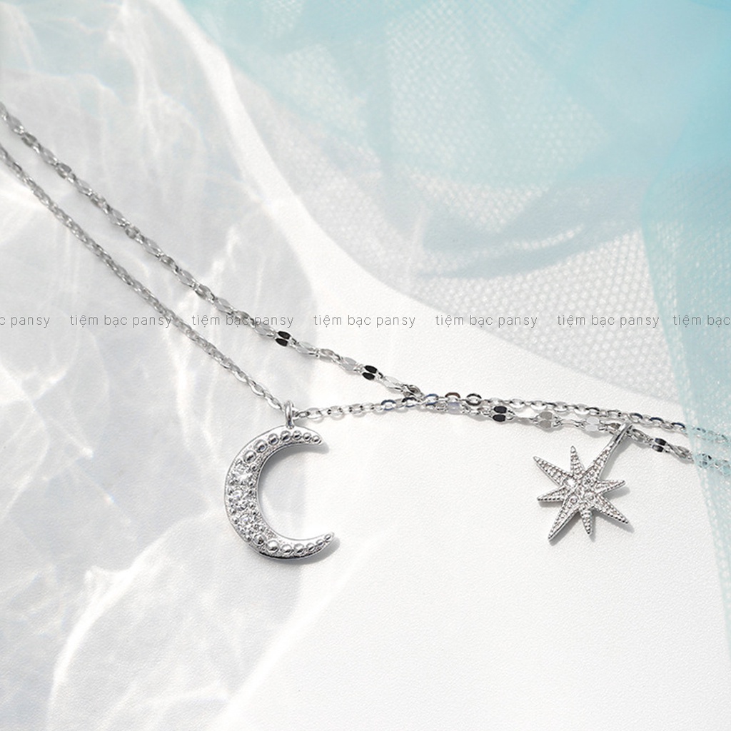 Dây chuyền bạc dây đôi PANSY mặt ngôi sao và mặt trăng, vòng cổ nữ sang trọng nữ tính bằng bạc ta