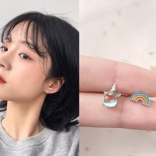 Bông tai bạc kỳ lân nhỏ phối cầu vồng dễ thương