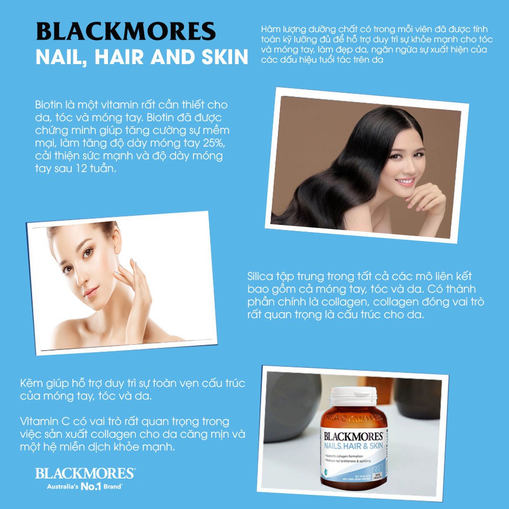 [Chính hãng Úc] Viên uống chăm sóc tóc, da, móng Nail, Hair and Skin Blackmores Úc 60 viên - Date mới
