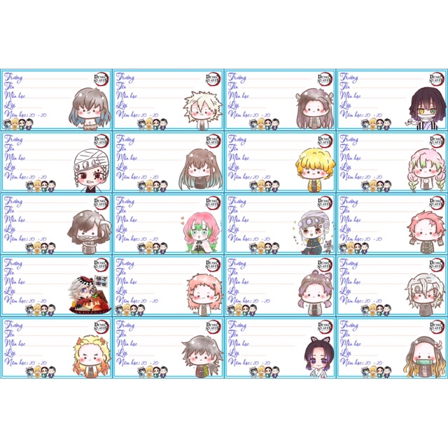 20 Nhãn vở kimetsu no yaiba hình chibi có đề can bóc dán