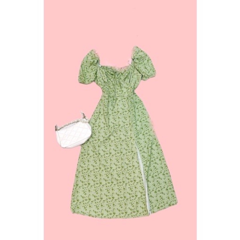 Váy Hoa Xanh nhí Xẻ tà dây rút buộc Ngực, Đầm hoa Tiểu thư