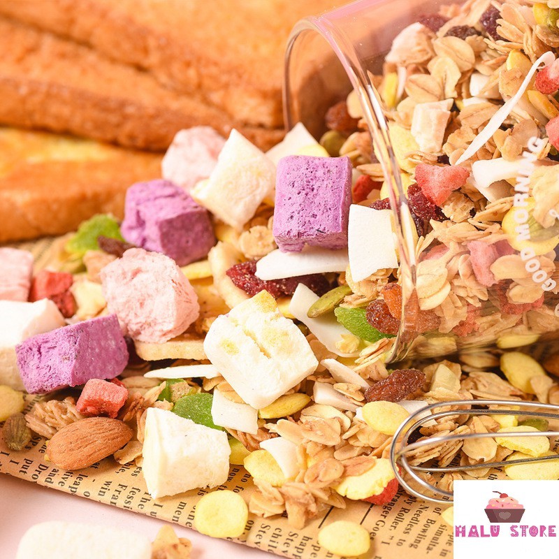 [Ăn Kiêng] Ngũ cốc sữa chua mix hạt, hoa quả MEIZHOUSHIKE YOGURT, NUTS OATMEAL gói màu Tím 400g - Đài Loan