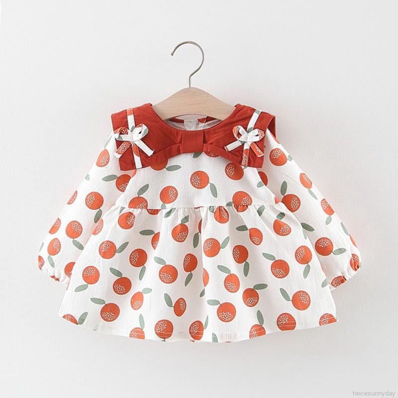 Đầm dài tay in họa tiết trái cây xinh xắn dành cho bé gái