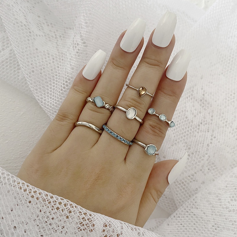 Set 7 nhẫn đeo tay kim loại đính đá thời trang cho nữ