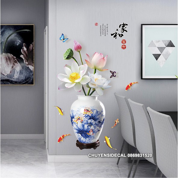 Decal dán tường - Chậu Sen Trắng 3D quý phái