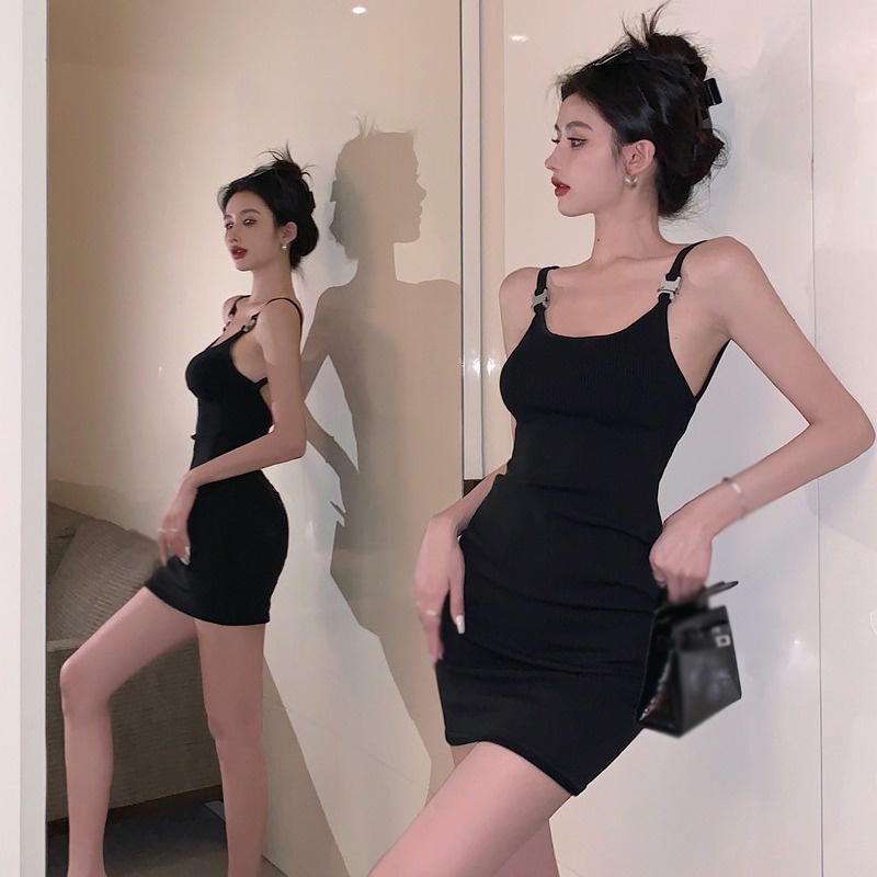 Đầm Ôm Hai Dây Hở Lưng Màu Sắc Trơn Phong Cách Hàn Quốc Quyến Rũ Dành Cho Nữ