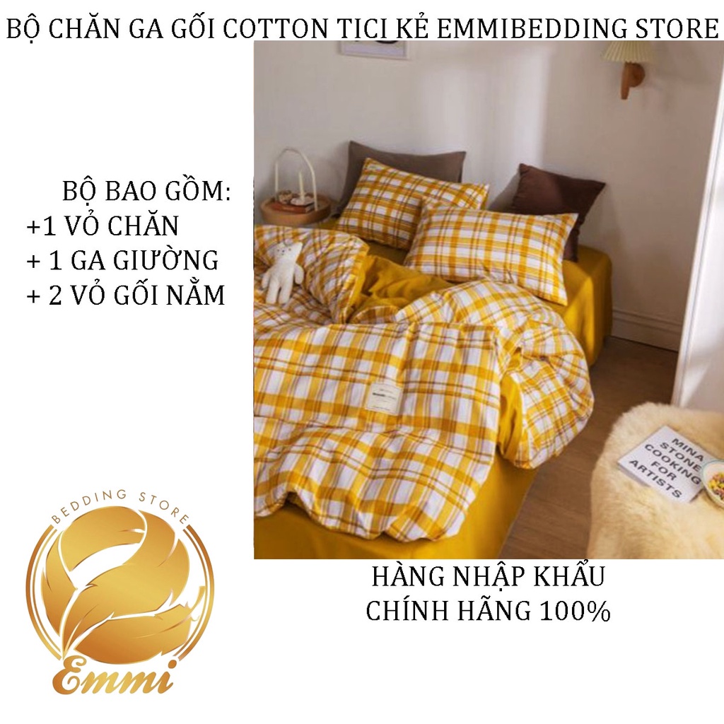 Bộ Chăn Ga Gối Cotton TC Emmidecor Kẻ HQ vàng miễn phí bo chun và làm ga phủ theo yêu cầu