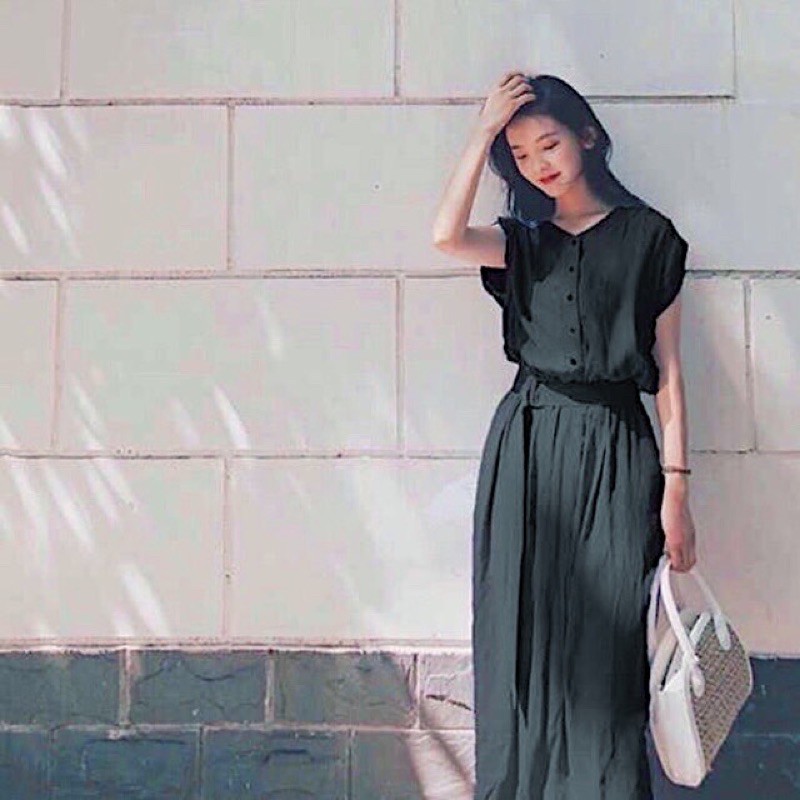 Đầm váy đen cổ trụ kèm belt (kèm hình thật)