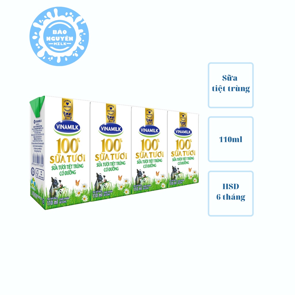 Lốc 4 Hộp Sữa Tươi Tiệt Trùng Vinamilk 100% 110ml (đủ vị)