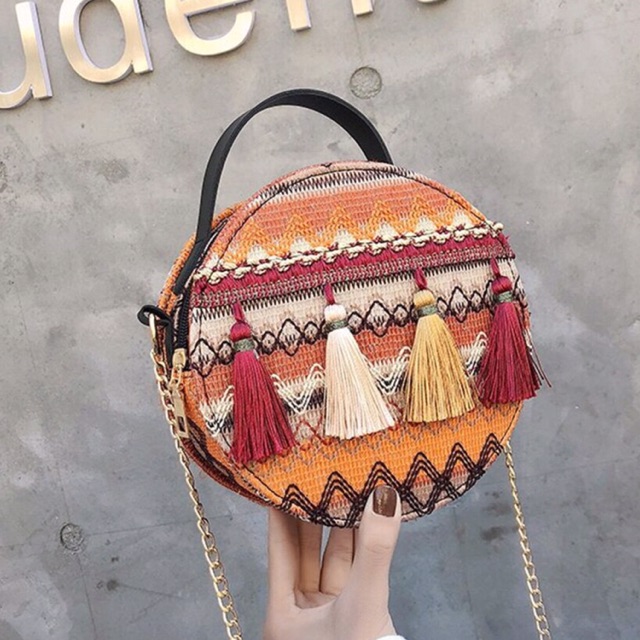 Túi trống tròn thổ cẩm phong cách boho