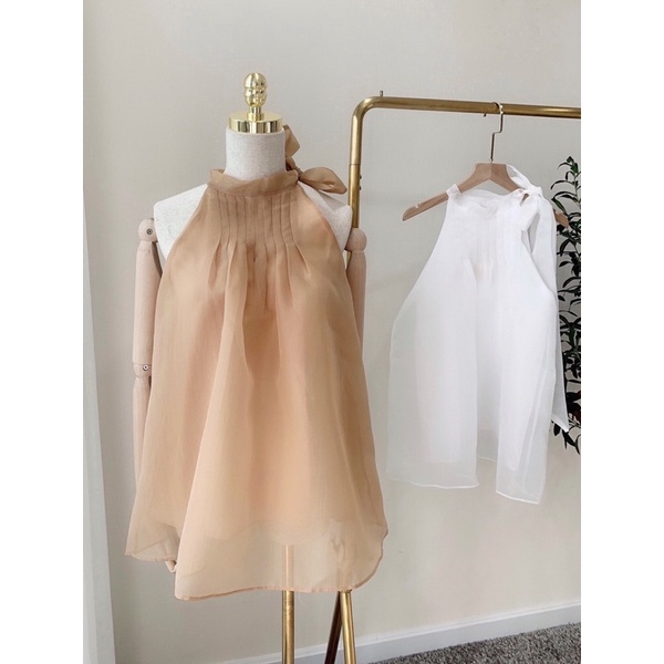 Áo cổ yếm 2 màu trắng nude