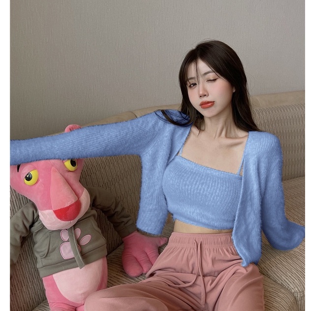 QKOOLE  Set áo khoác cardigan ngắn + áo sát nách phong cách Hàn Quốc cho nữ