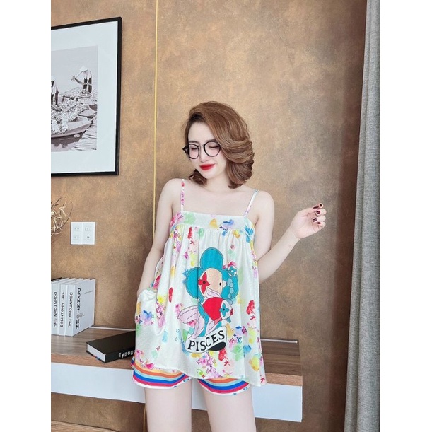Bộ lụa xước dây đùi xoè, hoạ tiết siêu cưng