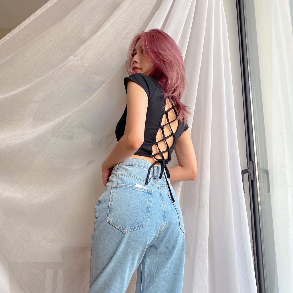 Áo croptop cutout đan dây lưng buộc dây sau cộc tay Mia Ritta A2082 ảnh thật