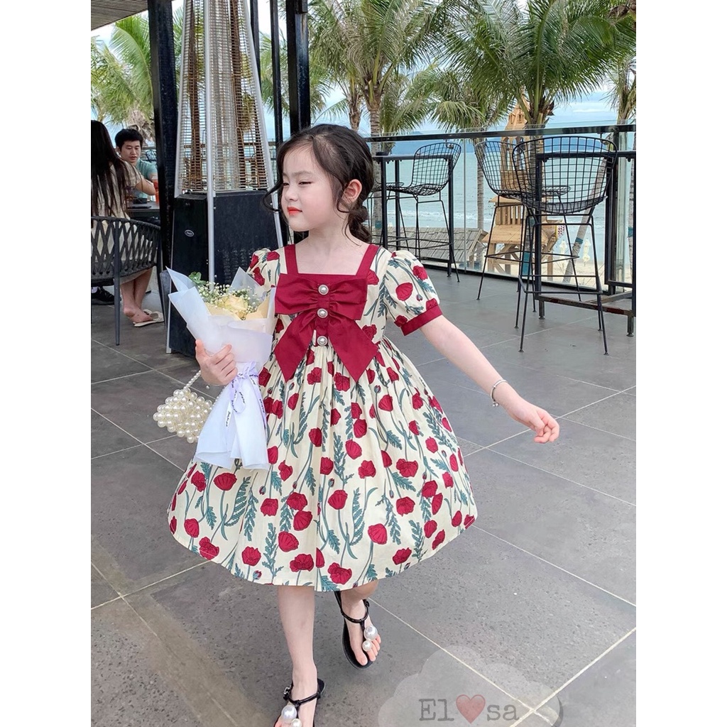 Váy bé gái - Đầm Hoa Hồng Đỏ Nơ Ngực xinh xắn cho bé 1-8 Tuổi