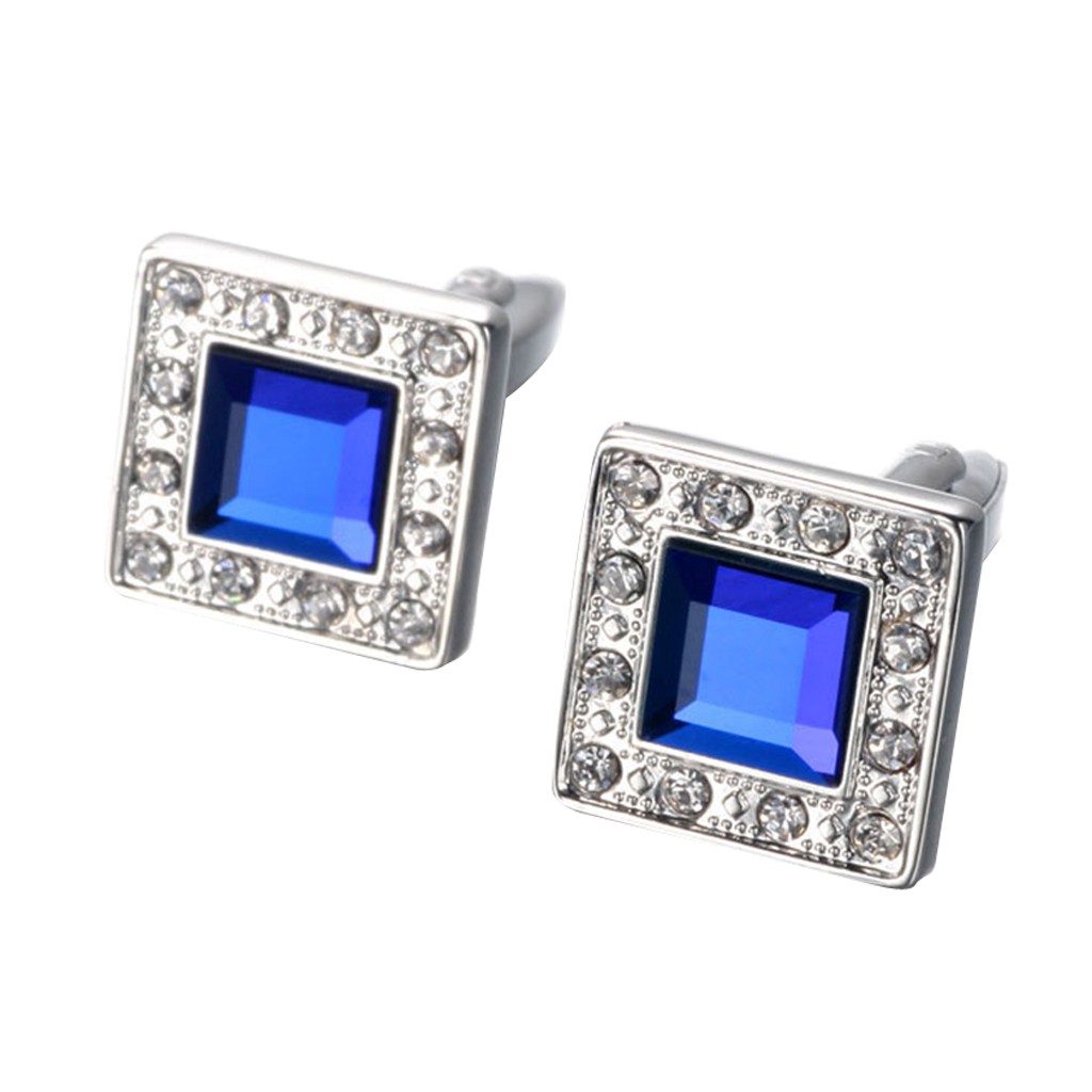 Blue Crystal Square Silver Cufflinks Luxury Vintage Wedding Mens Cuff Links