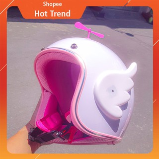 Mũ bảo hiểm 3/4 phượt màu trắng lót hồng gắn cánh thiên thần Cupid trắng và chong chóng siêu ngầu